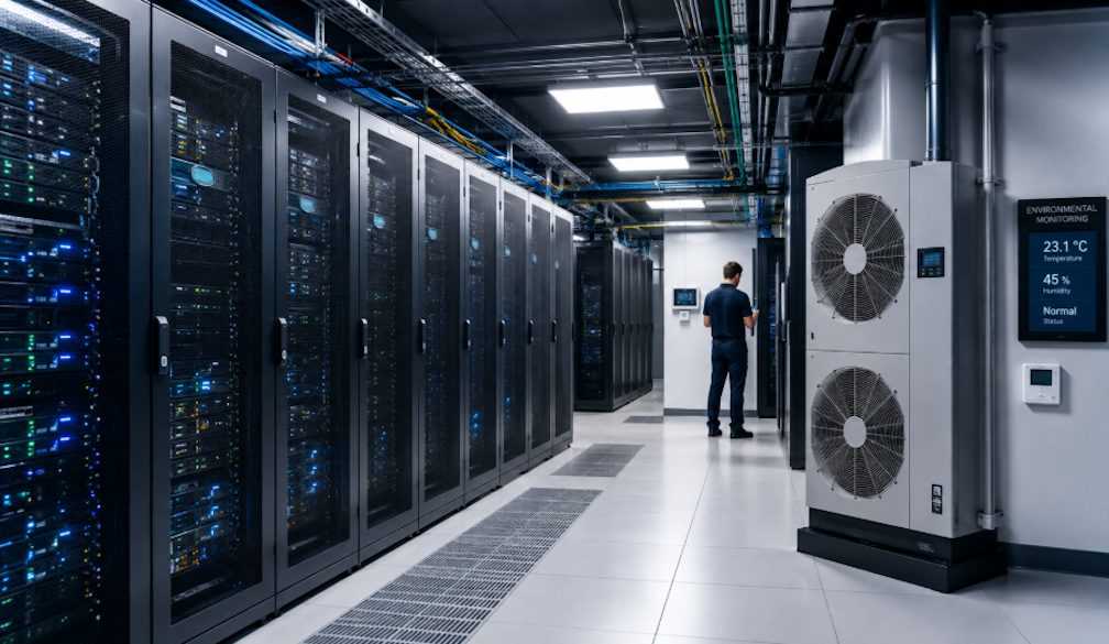 Technician Monitoring a Cool Data Center