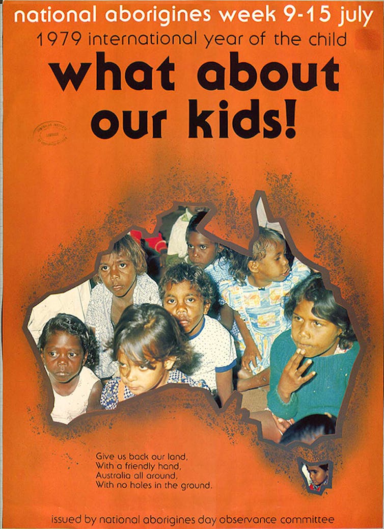 A bright orange poster with a map of Australia filled with the faces of Aboriginal children.