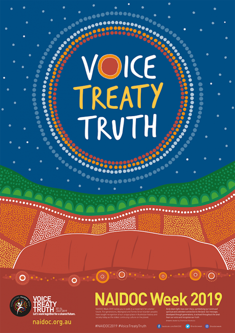 A poster saying voice treaty truth with traditional Aboriginal dot art